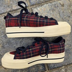 Adidas Red Plaid Sneakers, Size 8